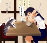  1girl black_hair cat chair chopsticks eating food futaba_channel holding holding_hair menu noodles occhan original pleated_skirt ramen school_uniform serafuku sitting skirt solo table translated translation_request udon yurikawa 