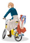  00s 2girls arcueid_brunestud bicycle blonde_hair blue_hair boots bow full_body ground_vehicle hair_bow half_updo head_tilt hood hoodie jacket len long_hair long_skirt looking_back looking_down multiple_girls pointy_ears red_eyes red_skirt riding shoes short_hair simple_background sitting size_difference skirt sneakers tosibow tsukihime very_long_hair white_skirt 