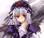  00s 1girl black_wings long_hair looking_at_viewer red_eyes rozen_maiden silver_hair smile solo suigintou tsukamichi_fumi upper_body wings 