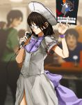  1girl blurry brown_hair cosplay depth_of_field glasses higurashi_no_naku_koro_ni microphone ryuuguu_rena ryuuguu_rena_(cosplay) short_sleeves solo_focus tomohi 