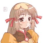  1girl :o blush brown_eyes brown_hair gekkou_ookami long_hair oekaki puffy_sleeves re_mii signature simple_background solo upper_body white_background zoids zoids_genesis 