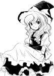  1girl apron dress female greyscale hair_ribbon hat high_contrast kirisame_marisa monochrome ribbon simple_background sitting solo touhou tress_ribbon witch witch_hat 