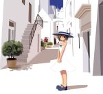 aikawa_touma architecture bare_shoulders bow brown_hair city dress hat hat_ribbon mary_janes plant potted_plant ribbon shoes short_hair stairs strapless sun_hat sundress white 