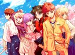  1boy 5girls black_hair blouse blue_eyes brother_and_sister brown_eyes cherry_blossoms emiya_shirou everyone fate/stay_night fate_(series) fujimura_taiga fuzuki_yoshihiro girl_sandwich illyasviel_von_einzbern matou_sakura multiple_girls purple_hair red_eyes saber sandwiched shinai siblings sisters sword tohsaka_rin weapon white_hair 