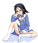  1girl black_eyes black_hair blush braid cosplay crossover date_(senpen) feet genshiken kamishakujii_renko kamishakujii_renko_(cosplay) kneehighs kujibiki_unbalance looking_at_viewer ogiue_chika open_mouth parody simple_background sitting socks solo white_background white_legwear 