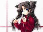  1girl black_hair blue_eyes bow cross fate/stay_night fate_(series) hair_bow hands_up long_hair long_sleeves looking_at_viewer shion_(kawasemi) solo tohsaka_rin turtleneck twintails two_side_up 