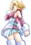  00s 1girl blonde_hair gradient gradient_background gundam gundam_seed gundam_seed_destiny looking_back mikage_nao military military_uniform pink_eyes short_hair skirt solo stellar_loussier uniform 