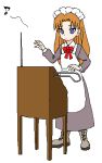  1girl aliasing blue_eyes boots brown_hair futaba_channel instrument long_hair lowres maid maid_headdress medoi music musical_note nijiura_maids oekaki playing_instrument simple_background solo theremin white_background 