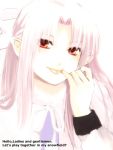  00s 1girl bow finger_in_mouth hair_bow head_tilt lavender_hair len long_hair looking_at_viewer melty_blood neck_ribbon pointy_ears red_eyes ribbon solo tongue tongue_out tsukihime type-moon upper_body very_long_hair wemu_(ivycrown) white_len 