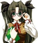  1girl adjusting_glasses black_hair blush book fate/stay_night fate_(series) glasses green_eyes hair_ribbon kineya_emuko looking_at_viewer ribbon solo tohsaka_rin twintails two_side_up upper_body vest 