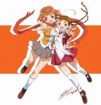  2girls ahoge arika_yumemiya full_body hisayuki_hirokazu jpeg_artifacts lowres multiple_girls my-hime my-otome orange_hair orange_shirt pleated_skirt red_scarf redhead scarf school_uniform serafuku shirt skirt thigh-highs tokiha_mai twintails white_legwear 