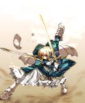  1girl ahoge akari_maki armor armored_dress blonde_hair caliburn dress dual_wielding excalibur fate/stay_night fate_(series) faulds gauntlets greaves green_eyes hair_ribbon mouth_hold one_eye_closed ribbon saber solo sword weapon wink 
