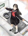  1girl black_eyes black_hair ground_vehicle imo_cyber long_hair mako-hime motor_vehicle pleated_skirt princess_mako real_life real_life_insert school_uniform serafuku skirt solo truck vehicle 