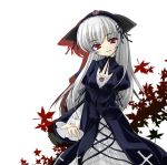  00s 1girl dress fang flower hairband head_tilt long_hair looking_at_viewer rose rozen_maiden setins silver_hair smile solo suigintou violet_eyes 