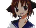  1girl animal_ears brown_eyes brown_hair cat_ears cigarette face fang lowres mouth_hold school_uniform serafuku shadow short_hair simple_background smoking solo teeth uniform upper_body white_background 