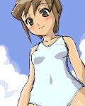  00s 1girl bangs battle_programmer_shirase blush breasts brown_eyes brown_hair clouds covered_navel cowboy_shot erect_nipples from_below haganemaru_kennosuke light_rays looking_at_viewer lowres oekaki one-piece_swimsuit outdoors school_swimsuit short_hair single_vertical_stripe sky small_breasts smile solo standing sunbeam sunlight swimsuit wet wet_hair white_school_swimsuit white_swimsuit yunoki_yoriko yunomi_yoriko 