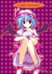  1girl bat_wings blue_hair chin_rest female hand_on_own_knee happy_birthday_(artist) hat knees_up mob_cap red_eyes remilia_scarlet sitting solo touhou wings 
