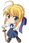  1girl ahoge blonde_hair blush_stickers bow chibi fate/stay_night fate_(series) green_eyes hair_bow hand_on_hip hips lowres nino_(ninouchi_irazu) nino_(pixiv10550) pantyhose ribbon saber shinai simple_background solo sword weapon white_background 