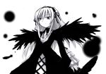 00s 1girl black_wings dress faux_traditional_media feathers flower hairband high_contrast long_hair looking_at_viewer mizumoto_tadashi monochrome rose rozen_maiden simple_background sketch solo suigintou very_long_hair wings 