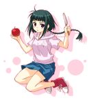  00s 1girl apple artist_request bangs black_hair blush braid breasts denim denim_skirt floating_hair food from_side fruit full_body holding holding_fruit hood hoodie jumping knife long_hair looking_at_viewer miniskirt my-hime okuzaki_akira parted_lips shadow shoes short_sleeves sidelocks simple_background single_braid skirt small_breasts sneakers solo violet_eyes white_background 