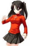  1girl black_hair cross fate/stay_night fate_(series) green_eyes hands jewelry long_hair necklace pleated_skirt simple_background skirt solo tohsaka_rin turtleneck twintails two_side_up white_background yasuyuki 