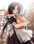  apron bow food grey_eyes long_hair maid maid_apron snow snowing 