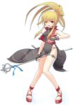  1girl blonde_hair capcom china_dress chinese_clothes dasoku_sentarou dress feet fingerless_gloves gloves namco namco_x_capcom no_panties open_mouth platform_footwear ponytail red_eyes sandals solo staff super_robot_wars thighs toes xiaomu 