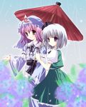  2girls female flower hat hydrangea konpaku_youmu multiple_girls oriental_umbrella rain saigyouji_yuyuko shared_umbrella shirogane_hina touhou triangular_headpiece umbrella 