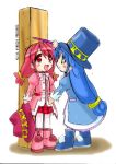  2girls blue_hair blush boots coat fine full_body fushigiboshi_no_futago_hime hat holding holding_hat long_hair looking_up lowres measuring multiple_girls overcoat pantyhose pink_hair plaid plaid_skirt puffy_sleeves red_skirt rein skirt smile standing top_hat twintails very_long_hair 