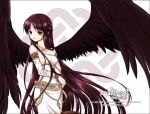  1girl breasts brown_hair copyright_name detached_sleeves goddess goddess_(mabinogi) half_updo juna long_hair mabinogi medium_breasts morrighan sideboob solo very_long_hair wings yellow_eyes 