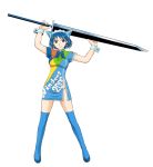 1girl 2k-tan blue_eyes blue_hair blue_legwear breasts china_dress chinese_clothes dress earrings jewelry os-tan shoes side_slit simple_background solo sword thigh-highs weapon zettai_ryouiki 