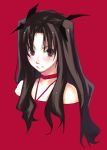  1girl black_hair choker face fate/stay_night fate_(series) hair_ribbon iqu looking_at_viewer red_background red_eyes ribbon simple_background solo tohsaka_rin twintails upper_body 