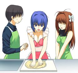  00s 1boy 2girls a1 antenna_hair apron black_hair blue_eyes blue_hair bow braid breasts brown_hair cleavage closed_eyes drop hair_bow hayase_mitsuki kimi_ga_nozomu_eien long_hair multiple_girls naked_apron narumi_takayuki no_eyes open_mouth short_hair single_braid sleeveless sleeveless_turtleneck suzumiya_haruka sweatdrop turtleneck white_background 