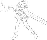  00s 1girl belt braid greyscale huge_weapon long_hair minagi_mikoto monochrome my-hime one_eye_closed shoes skirt solo sword thigh-highs twin_braids weapon white_background 