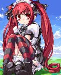  1girl alternate_hair_color bangs boots clouds garter_belt garter_straps hairband knees_up kooh long_hair looking_at_viewer matsukura_nemu oekaki pangya red_eyes redhead sitting sky solo striped striped_legwear thigh-highs twintails very_long_hair 