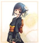  1girl ball_gag bdsm black_hair bondage bound brown_eyes exif_thumbnail_surprise female flower gag gagged hair_bun hair_flower hair_ornament head_tilt japanese_clothes kimono obi original photoshop sash short_hair solo standing tomoe_(symbol) traditional_clothes wings 