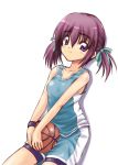  1girl basketball basketball_uniform hair_ribbon purple_hair ribbon solo sportswear twintails violet_eyes 