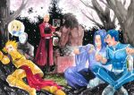  6+boys against_tree alcohol archer arm_guards armor assassin assassin_(fate/stay_night) back beer berserker black_hair blonde_hair blue_hair blush bottle brick_wall cherry_blossoms chopsticks closed_eyes coat comforting dark_skin dark_skinned_male drinking drunk earrings eating everyone faceless fate/stay_night fate_(series) food full_armor grass hair_intakes indian_style jewelry lancer male_focus mask multiple_boys muscle outdoors overcoat profile saber sad shirtless silver_hair sitting smile spiky_hair tears thinking topless traditional_media tree true_assassin 