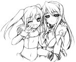  2girls ;d breasts elf flat_chest gloves hairband hand_on_another&#039;s_shoulder large_breasts light_smile long_hair long_pointy_ears masuda_afura midriff monochrome multiple_girls navel one_eye_closed open_mouth pastel_chime phil_ehart pointy_ears saika_s._falnese smile twintails v w wink 
