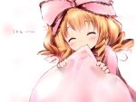  00s 1girl ^_^ biting blonde_hair blush bow child closed_eyes hair_bow hina_ichigo kashmir orange_hair pink_bow rozen_maiden short_hair simple_background solo unyu white_background 