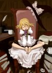  1girl barefoot blonde_hair book braid chair cup female hat hat_removed headwear_removed kirisame_marisa laughing legs library mug quill single_braid sitting smile solo spread_legs touhou witch witch_hat 