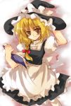  1girl blonde_hair book braid dress female gradient gradient_background hair_ribbon hand_on_headwear hat kirisame_marisa ribbon solo touhou tsukamichi_fumi witch witch_hat yellow_eyes 