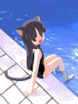  1girl :d animal_ears arm_support barefoot black_hair cat_ears cat_tail child from_above houmitsu looking_at_viewer one-piece_swimsuit open_mouth original pool poolside school_swimsuit sitting smile soaking_feet solo swimsuit tail water 
