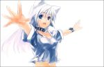  1girl animal_ears blue_eyes border cat_ears collar open_mouth outstretched_arms refeia simple_background solo spread_arms watch watch white_background white_hair 