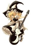  1girl blonde_hair buttons dress electric_guitar female guitar hair_ribbon hat instrument kirisame_marisa long_hair music ribbon solo tooya touhou touya_(the-moon) tress_ribbon witch witch_hat yellow_eyes 