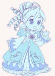  1girl blue bow dress drill_hair frills fushigiboshi_no_futago_hime hatomugi_(mamotan) monochrome ponytail rein ribbon short_hair simple_background smile solo 