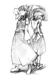  2girls arm_behind_head ascot back-to-back bangs boots bow capelet cross-laced_footwear detached_sleeves female from_behind full_body greyscale hair_bow hakurei_reimu hand_on_hip hat hikawa_shou kirisame_marisa lace-up_boots loafers long_hair looking_at_viewer looking_back monochrome multiple_girls ponytail shoes short_hair simple_background skirt skirt_set standing straight_hair touhou vest white_background witch_hat 