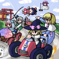  6+girls alice_margatroid black_hair blonde_hair bow clouds crossover driving fan hair_bow hairband hakurei_reimu hat izayoi_sakuya katana kedama kirisame_marisa konpaku_youmu lowres super_mario_bros. mario_kart mariokart mob_cap multiple_girls o_o outdoors parody patchouli_knowledge remilia_scarlet saigyouji_yuyuko short_hair silver_hair sky super_mario_bros. sword torii touhou weapon witch_hat 