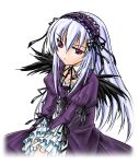  00s 1girl black_wings dress headdress highres rozen_maiden silver_hair simple_background solo suigintou violet_eyes white_background wings 