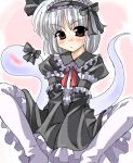  &gt;:( 1girl alternate_costume black_dress blush dress female frills gothic gothic_lolita hitodama konpaku_youmu konpaku_youmu_(ghost) lolita_fashion lowres oekaki oumi_marin pantyhose pink_background pout sitting solo soukai_(lemonmaiden) touhou white_legwear 